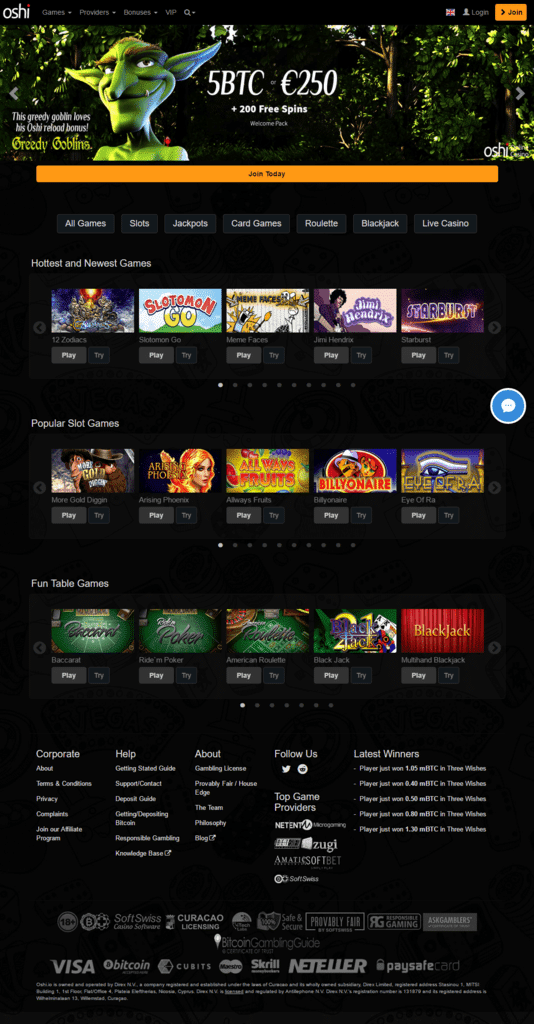 Oshi Bitcoin Casino English Russian Swedish Portuguese International Languages Welcome Lobby