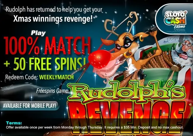 SlotoCash Casino RTG Rudolphs Revenge Weekly Match