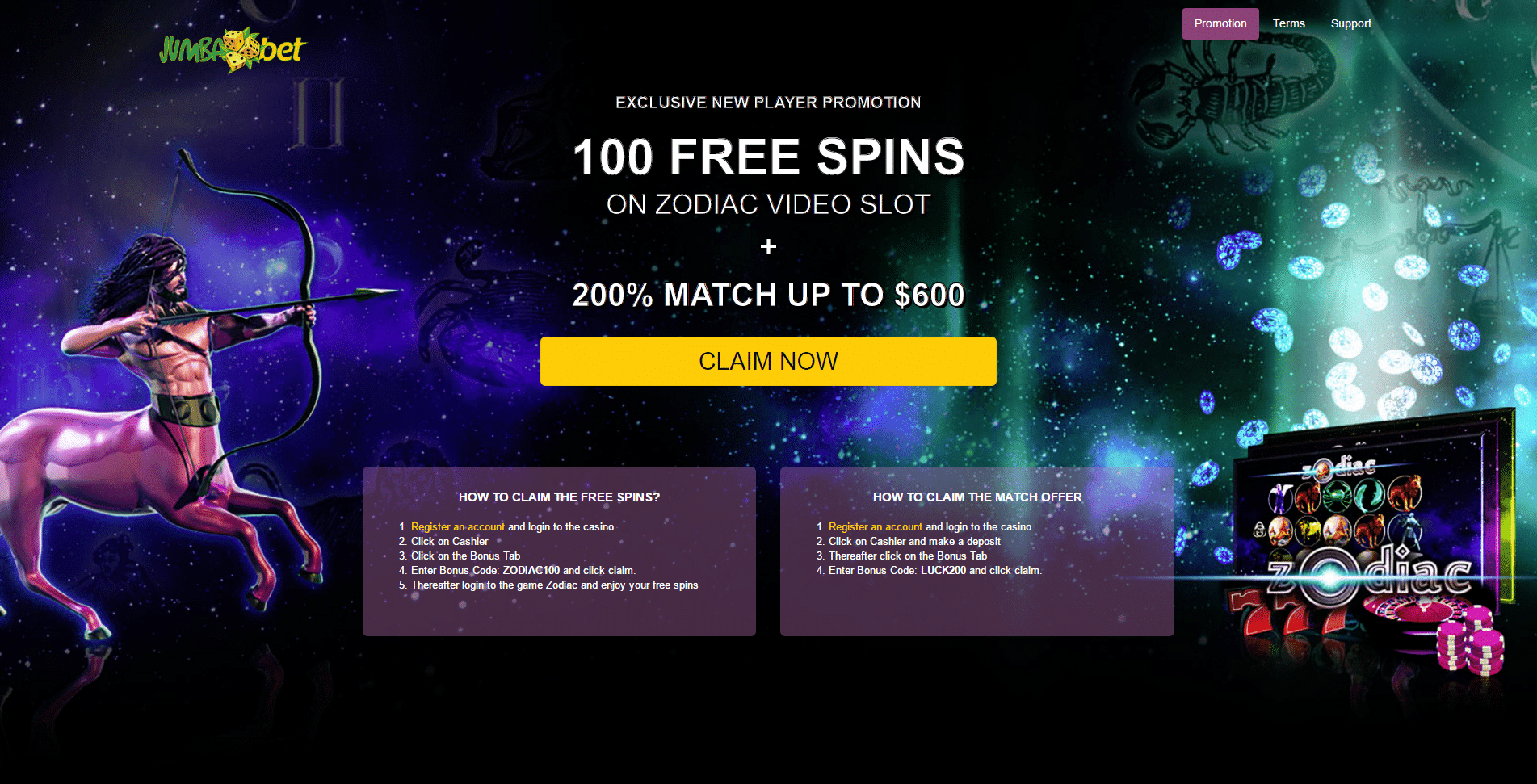 Jumba Bet 100 FREE Spins plus 200% Match Bonus up to $600