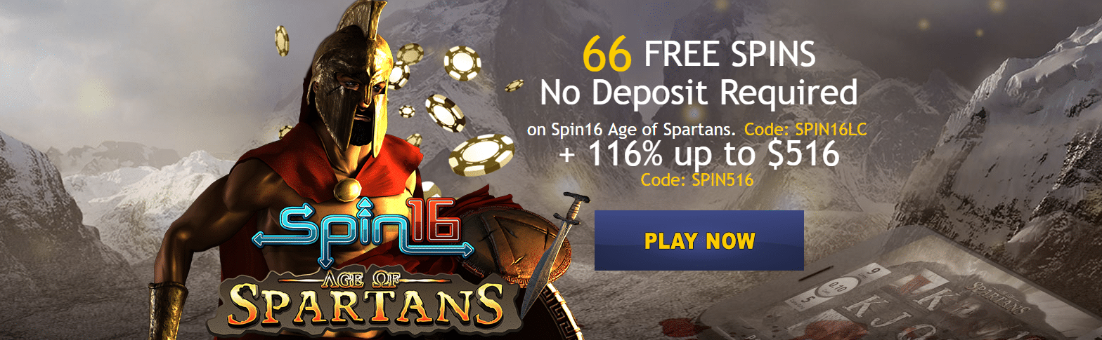 Lucky Creek Casino Age of Spartans 66 FREE Spins Spin16 No Deposit Bonus