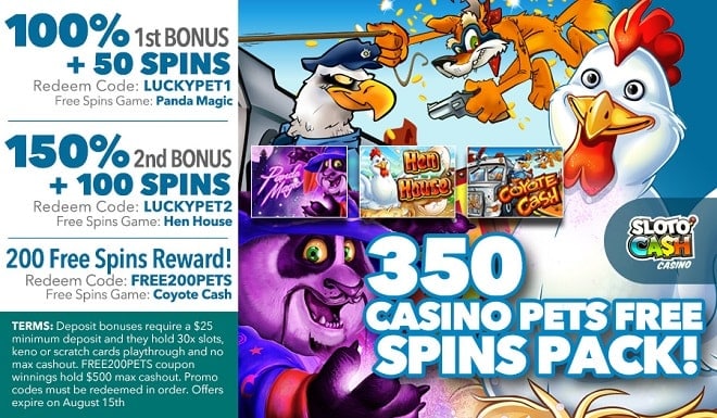 SlotoCash Casino 350 Casino Pets Free Spins Pack