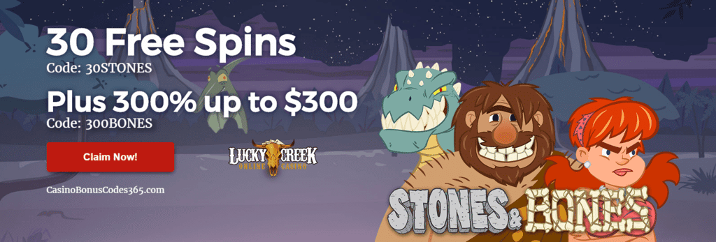 Lucky Creek Online Casino Saucify Stones and Bones FREE Spins Bonus