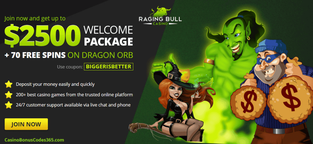 Raging Bull Casino 250% Welcome Bonus plus 70 FREE Spins