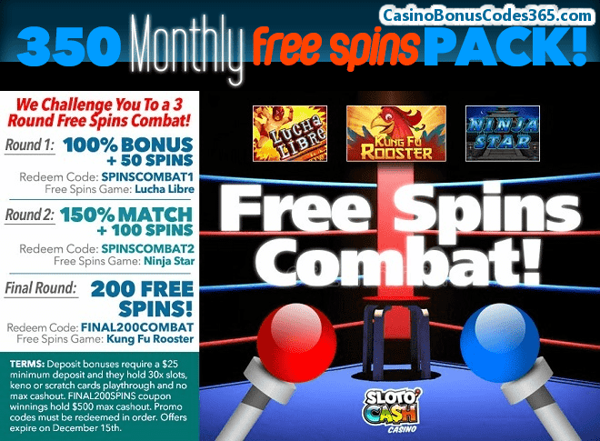 SlotoCash Casino 350 FREE Spins Pack November Combat