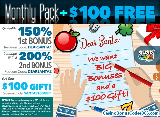 SlotoCash Casino Christmas Dear Santa Monthly Pack plus $100 FREE Chip