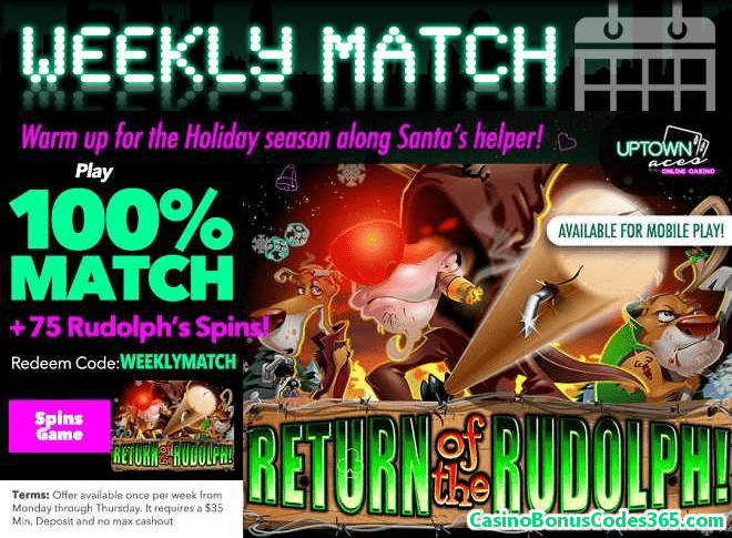 Uptown Aces RTG Rudolphs Revenge 100% Match Bonus plus 75 FREE Spins