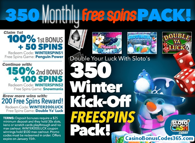 SlotoCash Casino 350 Monthly Winter Kick Off FREE Spins Pack