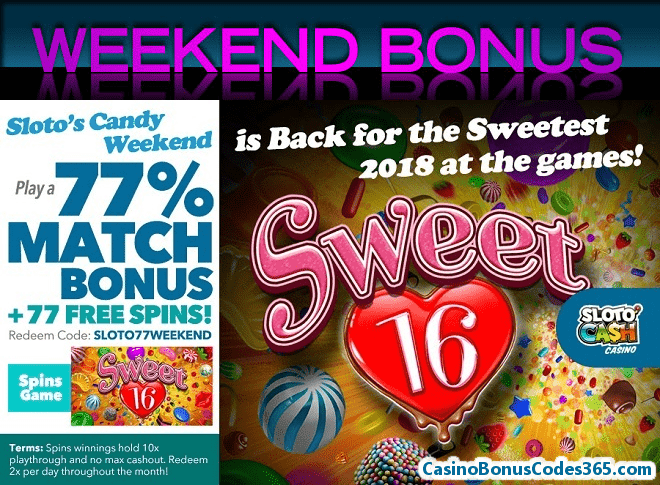 SlotoCash Casino 77% Match Bonus plus 77 Free Spins RTG Sweet 16