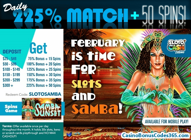 SlotoCash Casino Daily 225% Bonus plus 50 Spins RTG Smaba Sunset