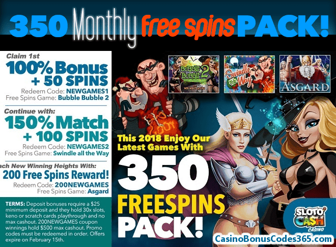 SlotoCash Casino Monthly 350 FREE Spins Pack!