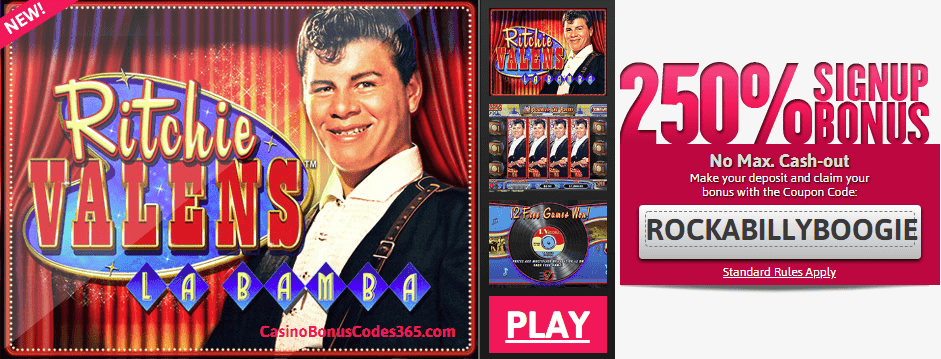 Slots of Vegas New RTG game Ritchie Valens La Bamba 250% Bonus plus 50 FREE SPins