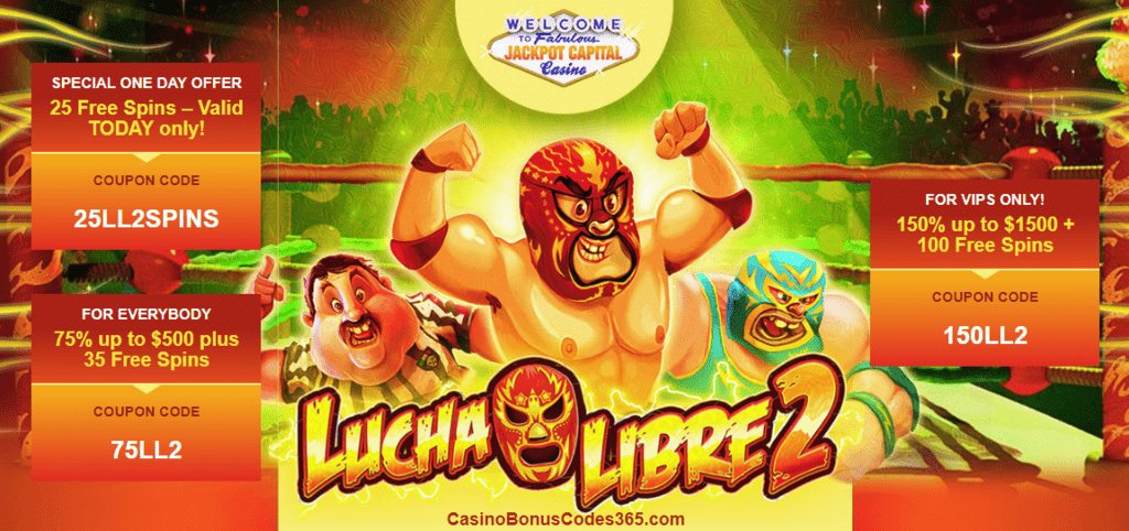 Jackpot Capital New RTG Game Lucha Libre 2 75% up to $500 plus 35 Free Spins