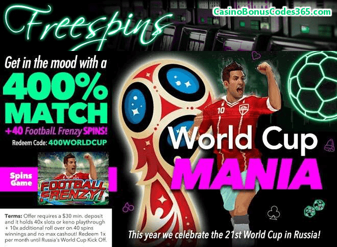 Uptown Aces World Cup Mania 400% Match Bonus plus 40 Free Football Frenzy Spins