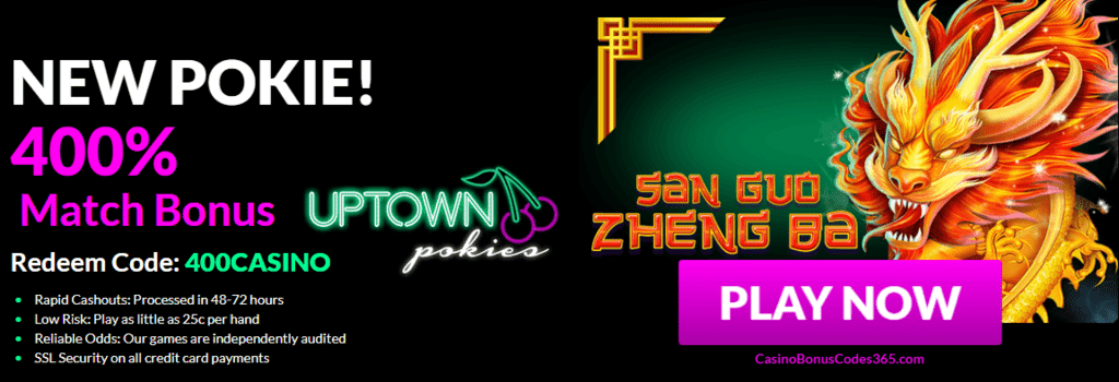 Uptown Pokies RTG San Guo Zheng Ba $4000 Welcome Bonus