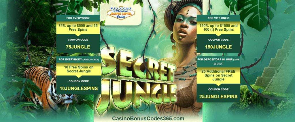 Jackpot Capital New RTG Game Secret Jungle 75% up to $500 plus 35 Free Spins