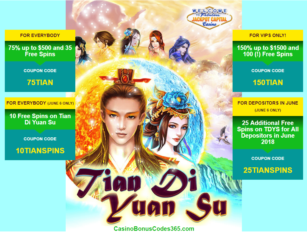 Jackpot Capital New RTG Game Tian Di Yuan Su Gods of Nature 75% up to $500 plus 35 Free Spins