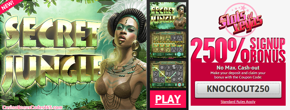 Slots of Vegas new RTG game San Guo Zheng Ba 250% No Rules Signup bonus plus 50 FREE Spins RTG Secret Jungle