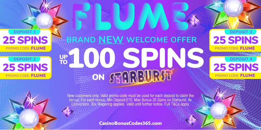 Flume Casino 100 FREE Spins on Starburst Welcome Package