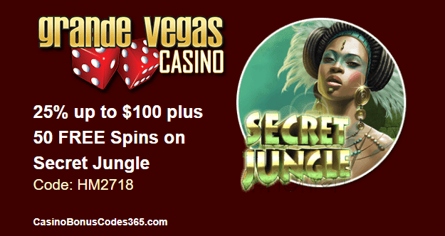 Grande Vegas Casino June 2018 RTG Secret Jungle 25% up to $100 plus 50 FREE Spins