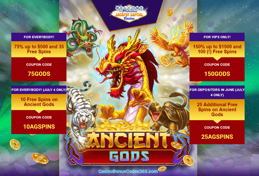 Jackpot Capital New RTG Game Ancient Gods 75% up to $500 plus 35 Free Spins