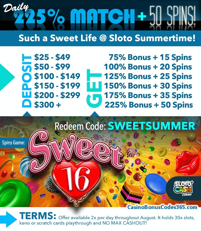 SlotoCash Casino 225% Daily Match plus 50 FREE Spins RTG Sweet 16