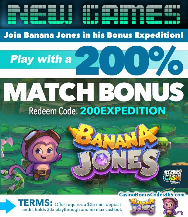 SlotoCash Casino new RTG Game Banana Jones 200% Match Bonus