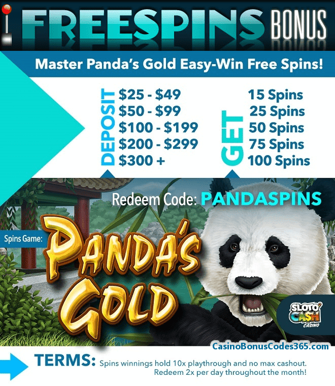 SlotoCash Casino 100 FREE Spins RTG Pandas Gold