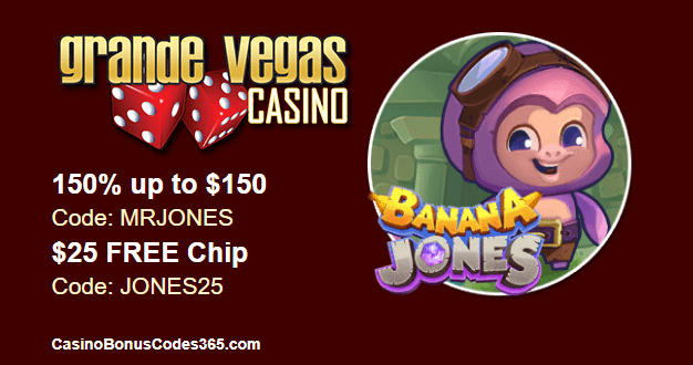 Grande Vegas Casino New Game RTG Banana Jones 150% Bonus plus $25 FREE Chip