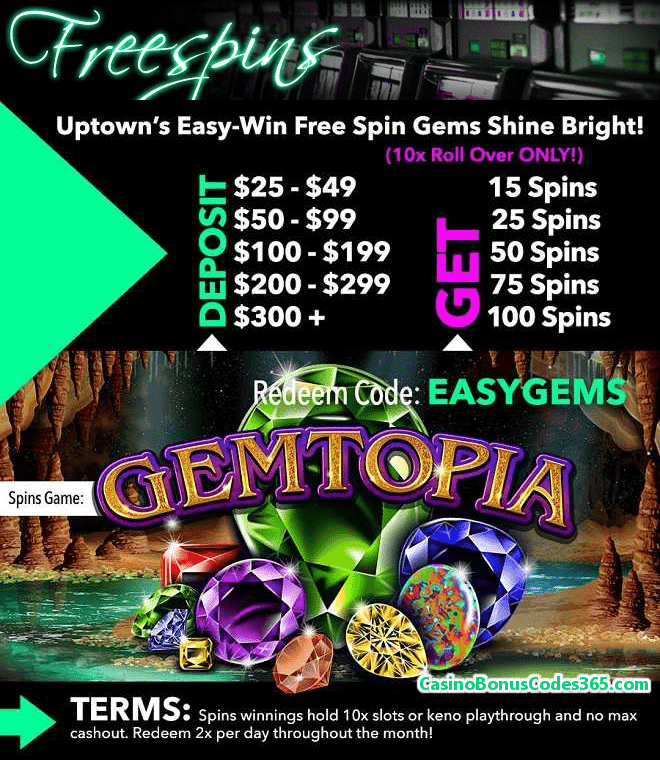 Uptown Aces RTG Gemtopia 100 FREE Spins