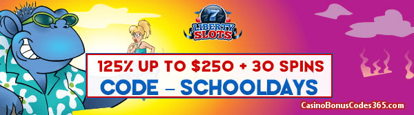 Liberty Slots 125% up to $250 plus 30 FREE Spins on Cool Bananas Special Promo