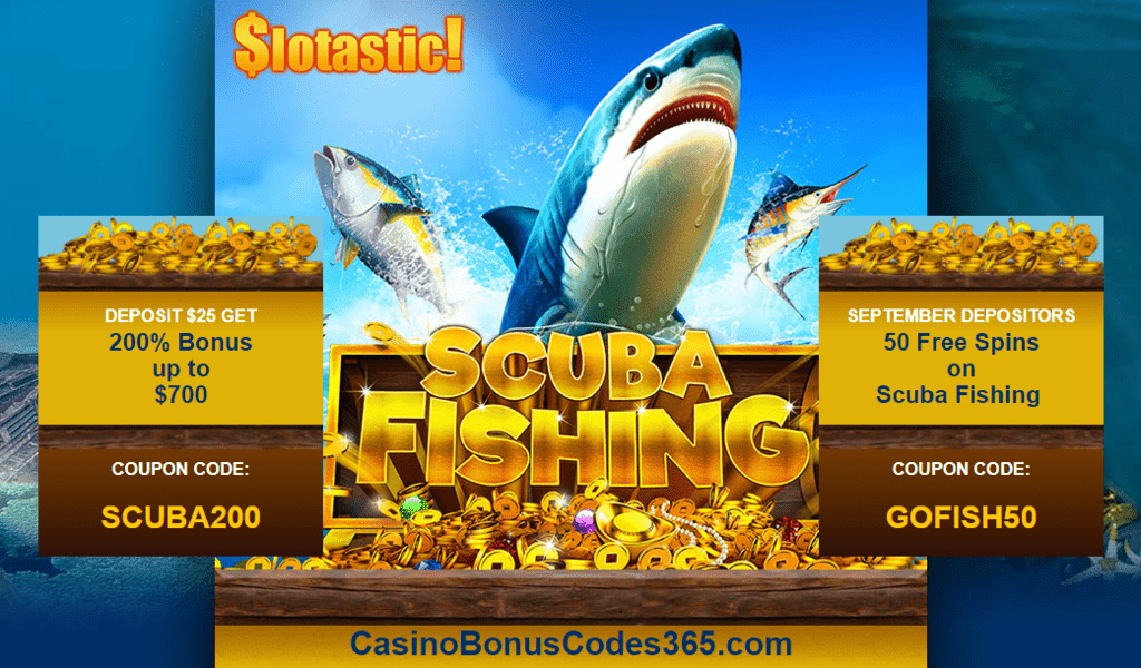 Slotastic Online Casino New RTG Game Scuba Fishing 50 FREE Spins plus 200% Bonus