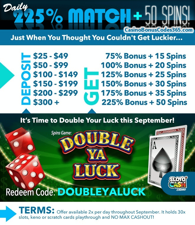 SlotoCash Casino Double Ya' Luck 225% Daily Match plus 50 FREE Spins