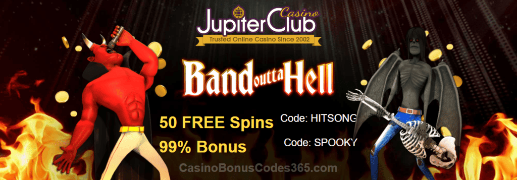 Jupiter Club Casino 50 FREE Spins plus 99% Bonus New Game Saucify Band Outta Hell Offer