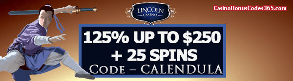 Lincoln Casino 125% bonus up to $250 plus 25 FREE Spins on Dynasty Special Offer