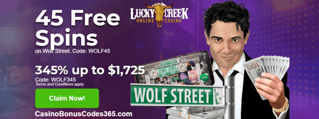 Lucky Creek Casino Saucify Wolf Street 45 FREE Spins plus 345% Match Bonus