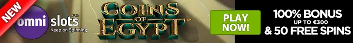 Omnislots NetEnt Coins of Egypt 100$ Match up to €300 plus 50 FREE Spins