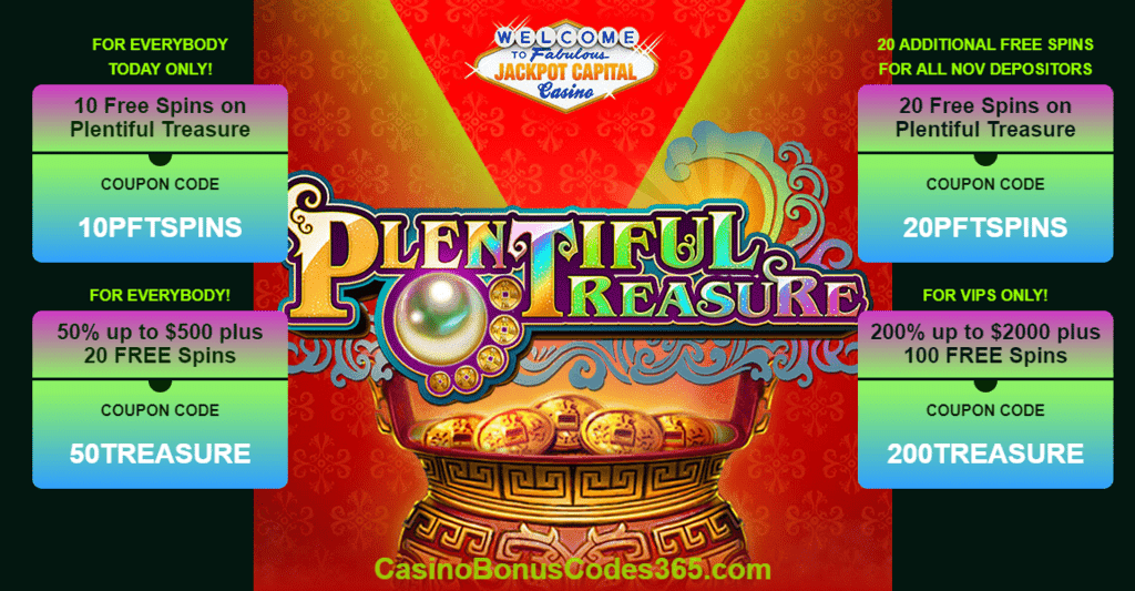 Jackpot Capital New RTG Game Plentiful Treasure 50% Bonus and 20 FREE Spins