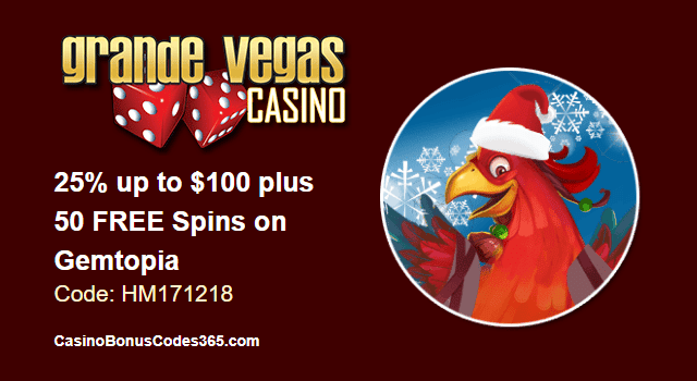 Grande Vegas Casino 25% up to $100 plus 50 FREE RTG Kung Fu Rooster Spins Special Offer