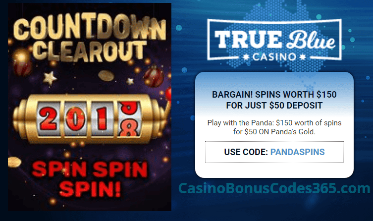 True Blue Casino Countdown Clear Out $150 FREE Chip RTG Pandas Gold