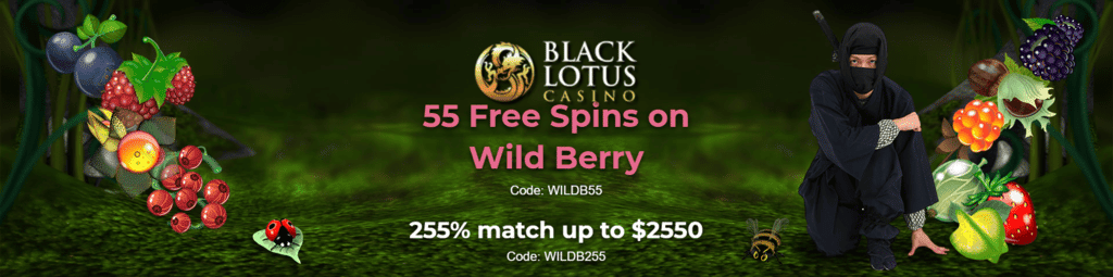 Black Lotus Casino 55 FREE Saucify Wild Berry Spins plus 255% Match Bonus Special Promo