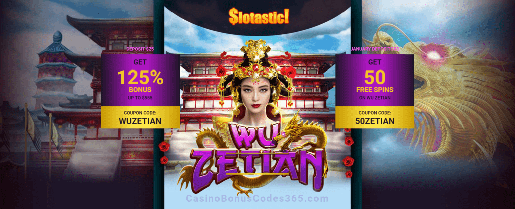 Slotastic Online Casino New RTG Game Wu Zetian 125 Match Bonus plus 50 FREE Spins