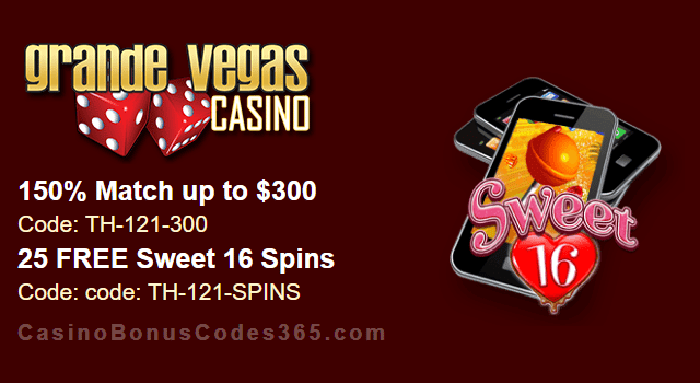 Grande Vegas Casino 150% up to $300 Bonus plus 25 FREE Spins on RTG Sweet 16 Special Valentine's Day Offer