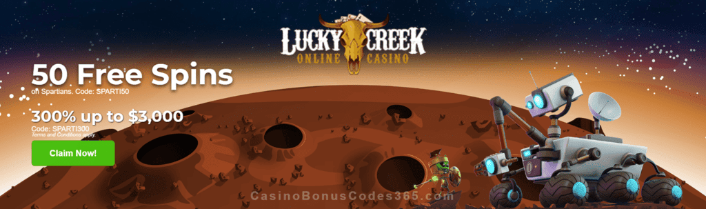 Lucky Creek 50 FREE Saucify Spartians Spins plus 300% Match New Game Bonus