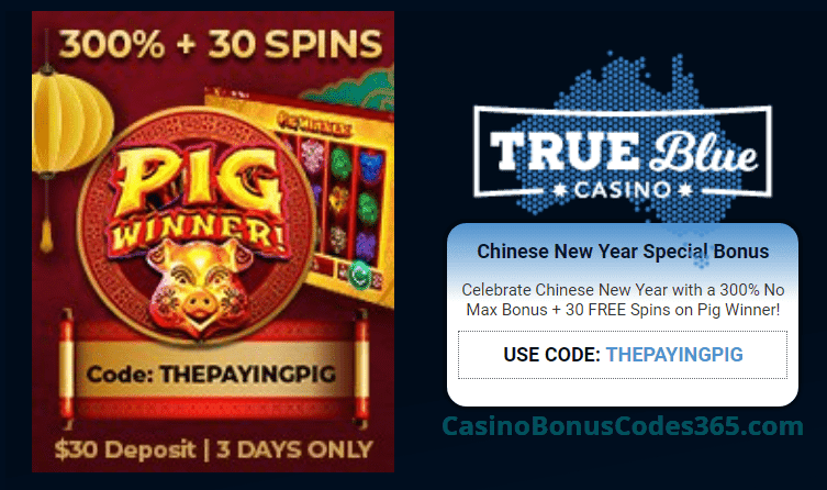 True Blue Casino Special Chinese New Year 300% No Max Bonus plus 30 FREE Spins RTG Pig Winner Offer