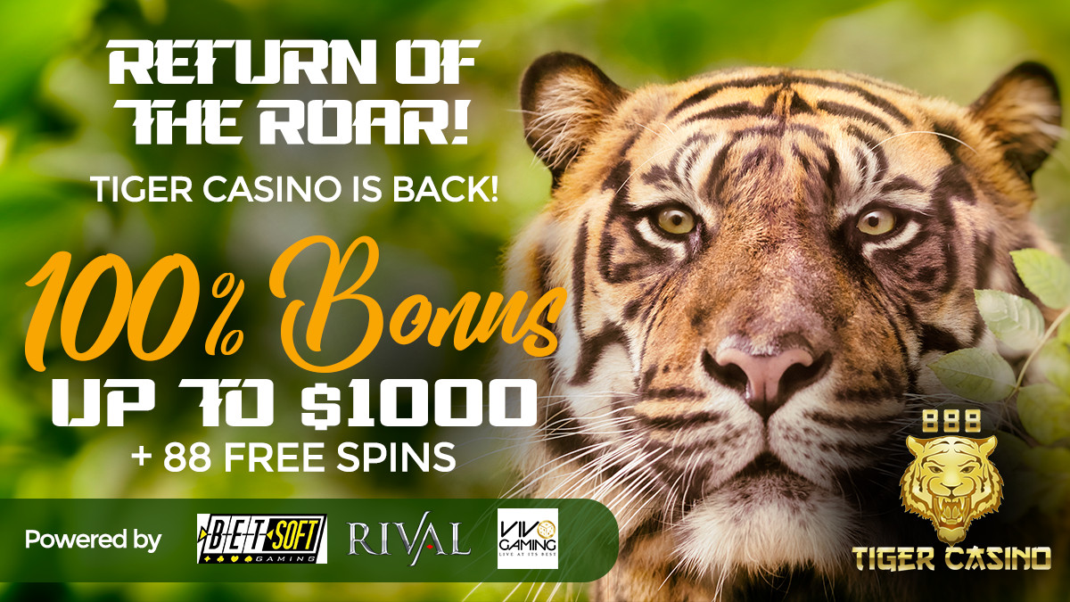 888 Tiger Casino 100% up to $1000 plus 88 FREE Spins First Deposit Bonus