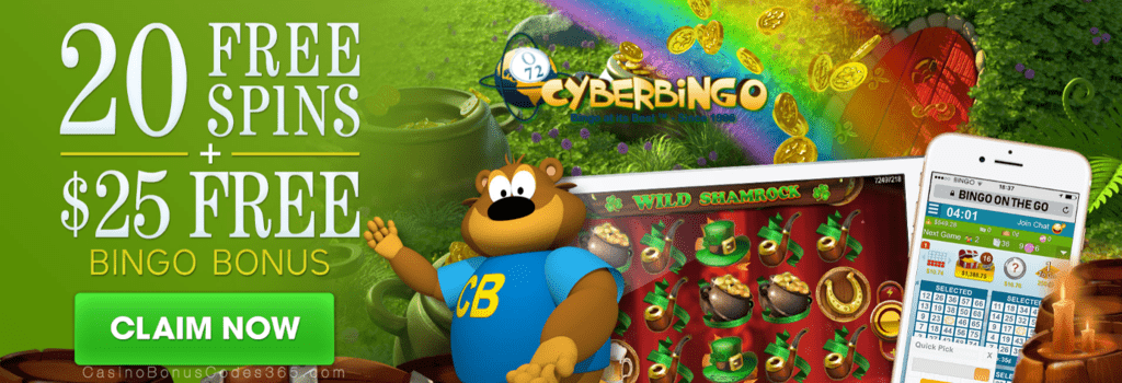 CyberBingo 20 FREE Mobilots Wild Shamrock Spins plus $25 FREE Bingo Bonus