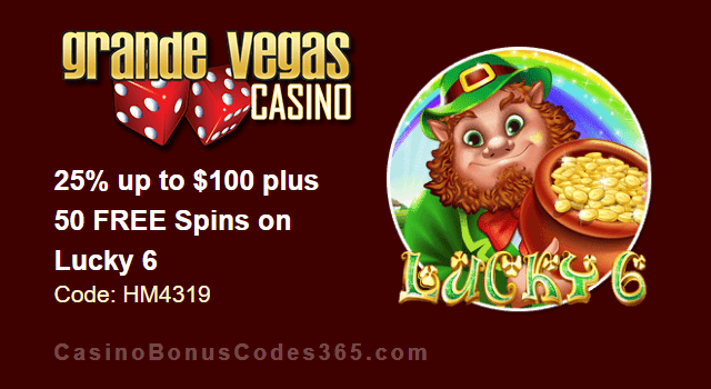 Grande Vegas Casino 25% up to $100 plus 50 FREE RTG Lucky 6 Spins Special Promo