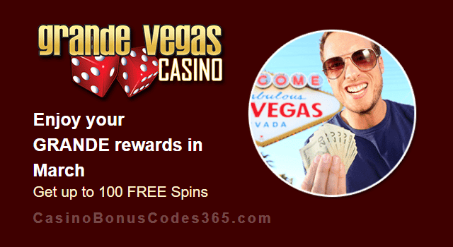 Grande Vegas Casino February 100% Match plus 100 FREE Spins Monthly Promo RTG Asgard