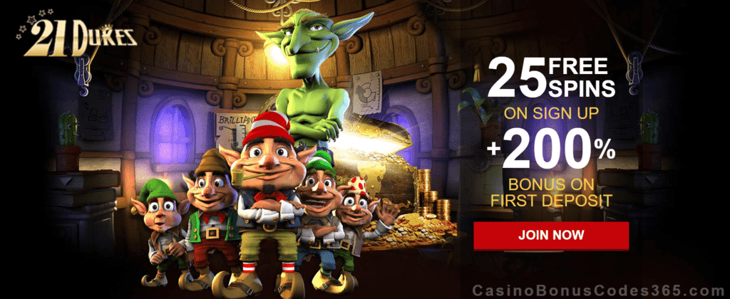 21 Dukes 25 FREE Spins plus 200% Match Bonus Welcome Package