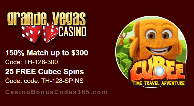 Grande Vegas Casino 150% up to $300 Bonus plus 25 FREE Spins on RTG Cubee Special Promo